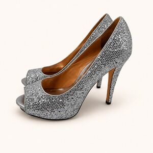 Badgley Mischka 9 Humbie II Smoke Glitter Sparkle Silver Peep Toe Platform Event